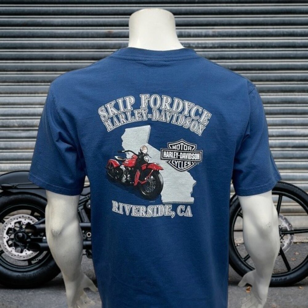 Harley Davidson Motorcycles Skip Fordyce Riverside CA Blue Graphic T-Shirt Large - Picture 2 of 12